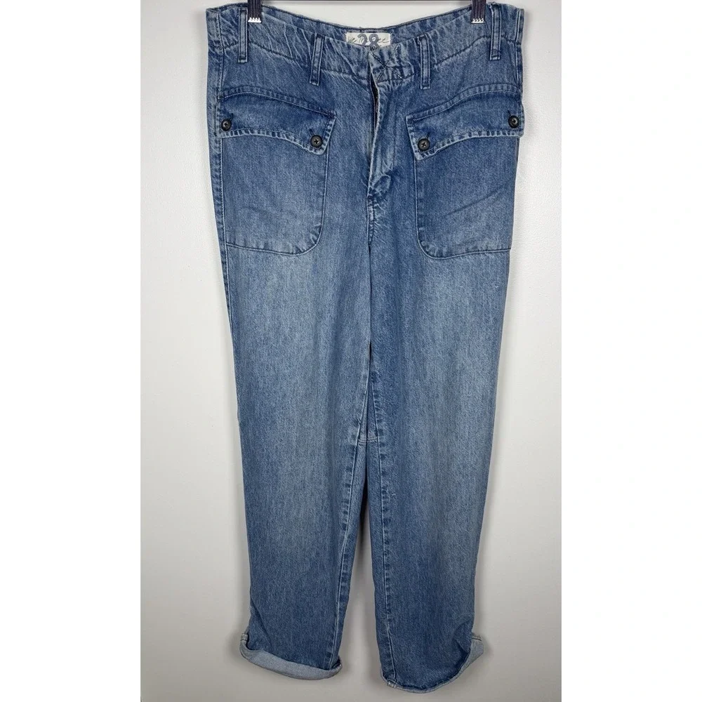 Free People Rory Slim Straight Jeans Seamed Button Pockets Tab Cuff Hems 28 NWOT